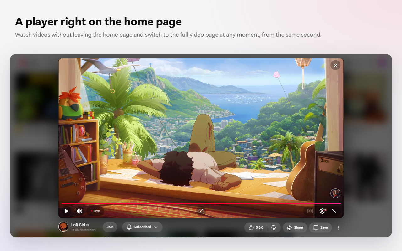 A video in the pop-up player over the home page